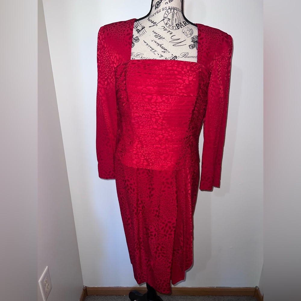 Gillian Vintage Red 100% Silk Dress Corset Bodice Midi/ Size 10